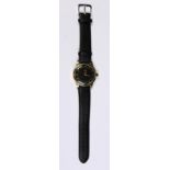 Omega 14k gold-filled wristwatch Dial: black, round, applied square and Arabic numeral hour markers,