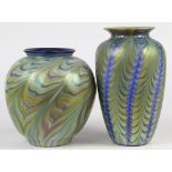 (lot of 2) Lundberg Studios art glass group, consisting of a bulbous vase having a pulled design,