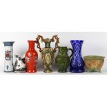 (lot of 7) Associated decorative vases, examples include Weller, Majolica, Bohemian crystal blue cut
