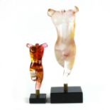 (lot of 2) Art glass nude male figural sculptures, one executed in rose, with gilt accents, the