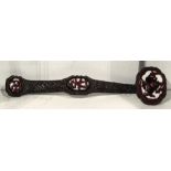 Chinese glass inset wooden ruyi scepter, the plaques with dark red overlays featuring auspicious