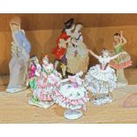 (lot of 6) Continental porcelain group, consisting of a Lladro figure of a flower bearer, together