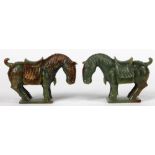Pair of Chinese hardstone horses, each of the caparisoned animals standing on all fours above a
