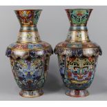 Pair of Chinese cloisonne enameled metal vases, overall with panels of various taotie masks on