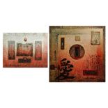 (lot of 2) American School (20th century), Asian Motifs, mixed medias on canvas, each signed