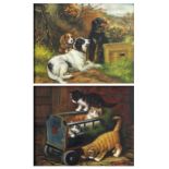 (lot of 2) European School (20th century), Scenes with Dogs and Cats, oils on panel, unsigned,