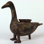 Chinese zun bronze wine vessel, in the form of a duck, with a short everted rim on its back, 9.75"w