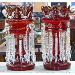 Pair of Bohemian glass style lustres, each having a polychrome decorated body accented with