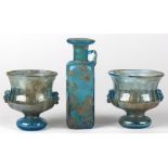 (lot of 3) Roman glass style vessels, each having a turquoise iridescent motif and consisting of (2)