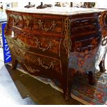 Pair of Louis XV style inlaid commodes, one having a shaped marble top, over the (4) drawer inlaid