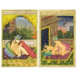 (lot of 2) Indian miniature paintings, ink and color on paper, each featuring a couple in amorous