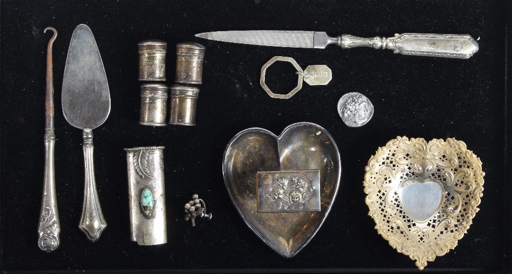 (lot of 13) Sterling silver and silver plate group, consisting of a lighter cover with bezel set