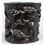 Chinese hardwood brush pot, carved with a pair of cranes amid pine trees in high relief, 6"h;