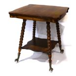 Late Victorian parlor table, having a shaped square top rising on turned legs conjoined by a lower