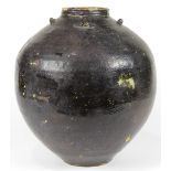 Asian ceramic jar, short neck above the globular body of dark brown color, approx. 14.25"h