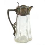 English sterling silver and cut glass ewer, Sheffield, 1873, the ornately chased sterling silver