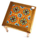 Arts and Crafts style inlaid tile top table, 17"x 16"x 16"