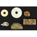 (lot of 6) Chinese jade/hardstone carvings, consisting of two archaistic bi-disc; a carving with