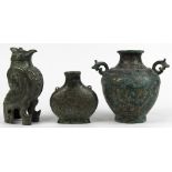 (lot of 3) Chinese archaistic vessels, including a flask with flat body decorated with figures in