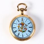 Enamel and 18k yellow gold, open face pendant watch Dial: blue, round, black Roman numeral hour