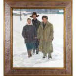 Mikhail Volodine (Russian, 1912-1982), Three Figures in the Snow, oil on board, signed in cyrillic