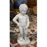 Classical style outdoor sculpture, depicting a putto standing against a tree trunk, 25"h