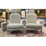 Pair of Louis XV style bergeres, having a curved crest rail with a sage green velvet upholstered