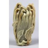 Chinese hardstone vase, in the form of a Buddha hand citron, the bottom accented with leaves, 8.25"