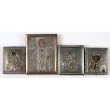 (lot of 4) Russian .84 silver oklad traveling icons, including one depicting Saint Catherine,