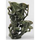 Chinese jade double vase, each of rhyton form, accented by a phoenix amid bamboo and lingzhi, 7"h;