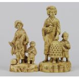 (lot of 2) Japanese ivory-colored ceramic okimono: one with a woman holding a long-tail hen and a