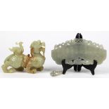 (lot of 2) Chinese jade/hardstone carvings: the first, a qilin of recumbent form; the second, a