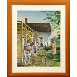 American School (20th century), Carpenters at Work, watercolor, signed "H. Rynerson" lower right,