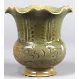 Chinese Yaozhou type celadon glazed ceramic zhadou (spittoon), with a flared foliate rim above a