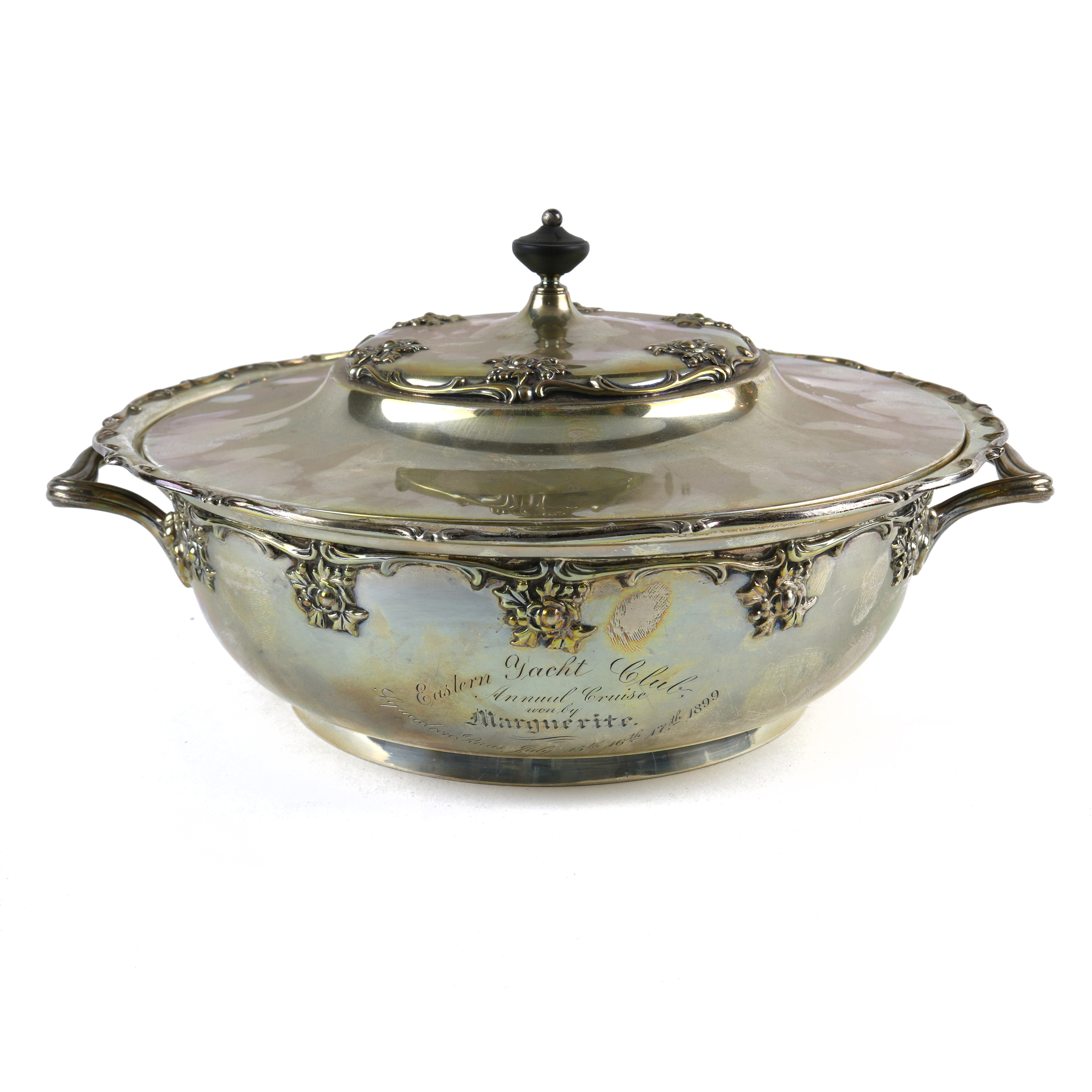 Shreve & Co. sterling silver circular vegetable dish and cover, the lid with raised floral sprays