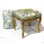 Louis XV style gilt bench, having an upholstered seat and rising on cabriole legs, 18"h x 21"w x