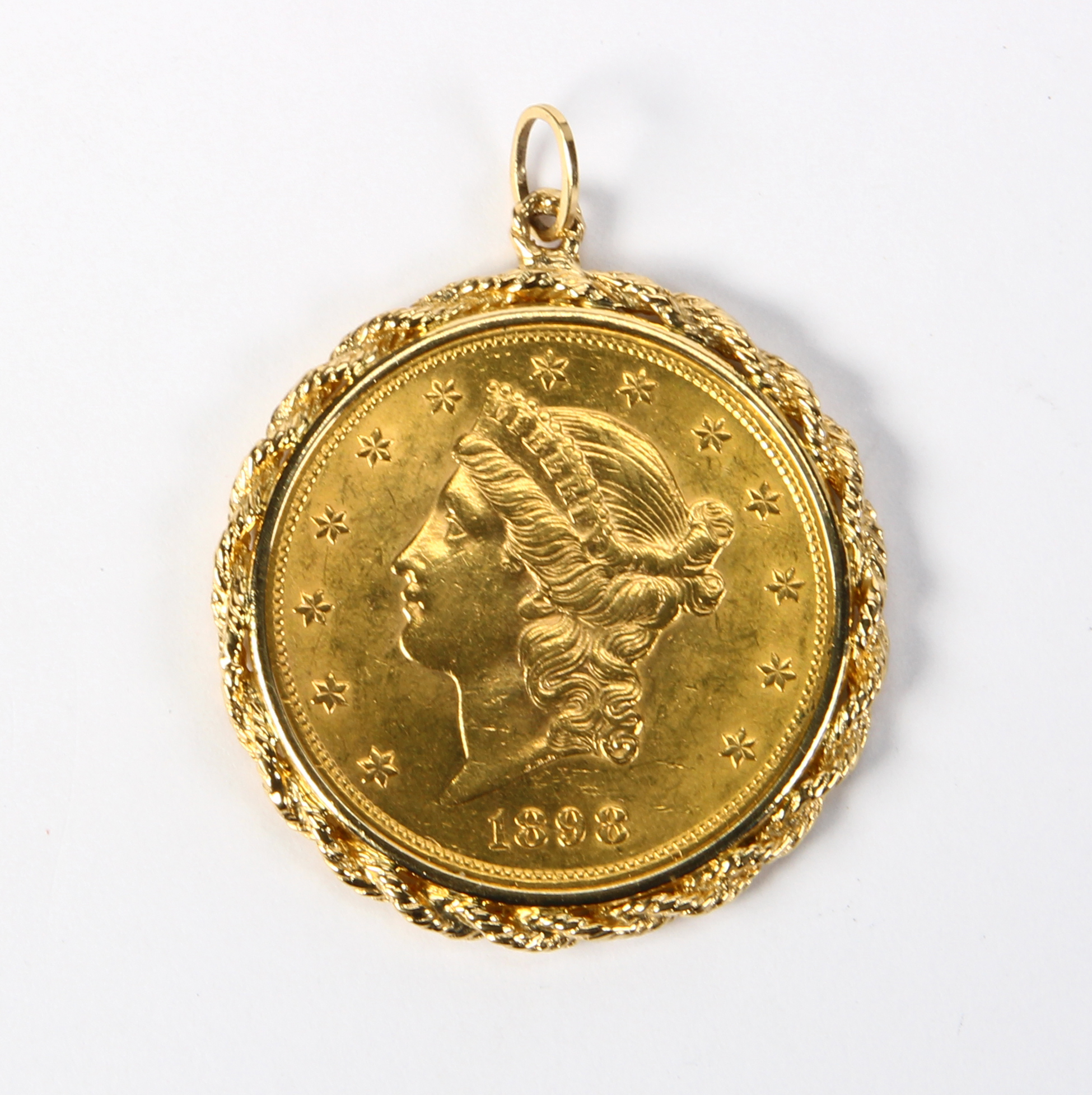 US gold Liberty coin, 14k yellow gold pendant The US, 1898S, $20, gold, Liberty coin, measures