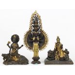 (lot of 3) Asian metal sculptures: first of Guanyin, with eleven heads and thousand arms; second, of