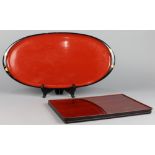 (lot of 4) Japanese vermilion lacquered trays, consisting of a set of three rectangular ones with