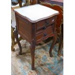 French provincial marble top bedside table, having a white marble inset up over the (2) drawer