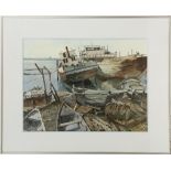 "Kuwait Boats," 1973, watercolor, signed "Elhadidi," titled, and dated lower left, overall (with