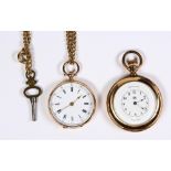 (Lot of 2) 14k yellow gold pendant watches and metal chain and key Including 1) American Waltham,