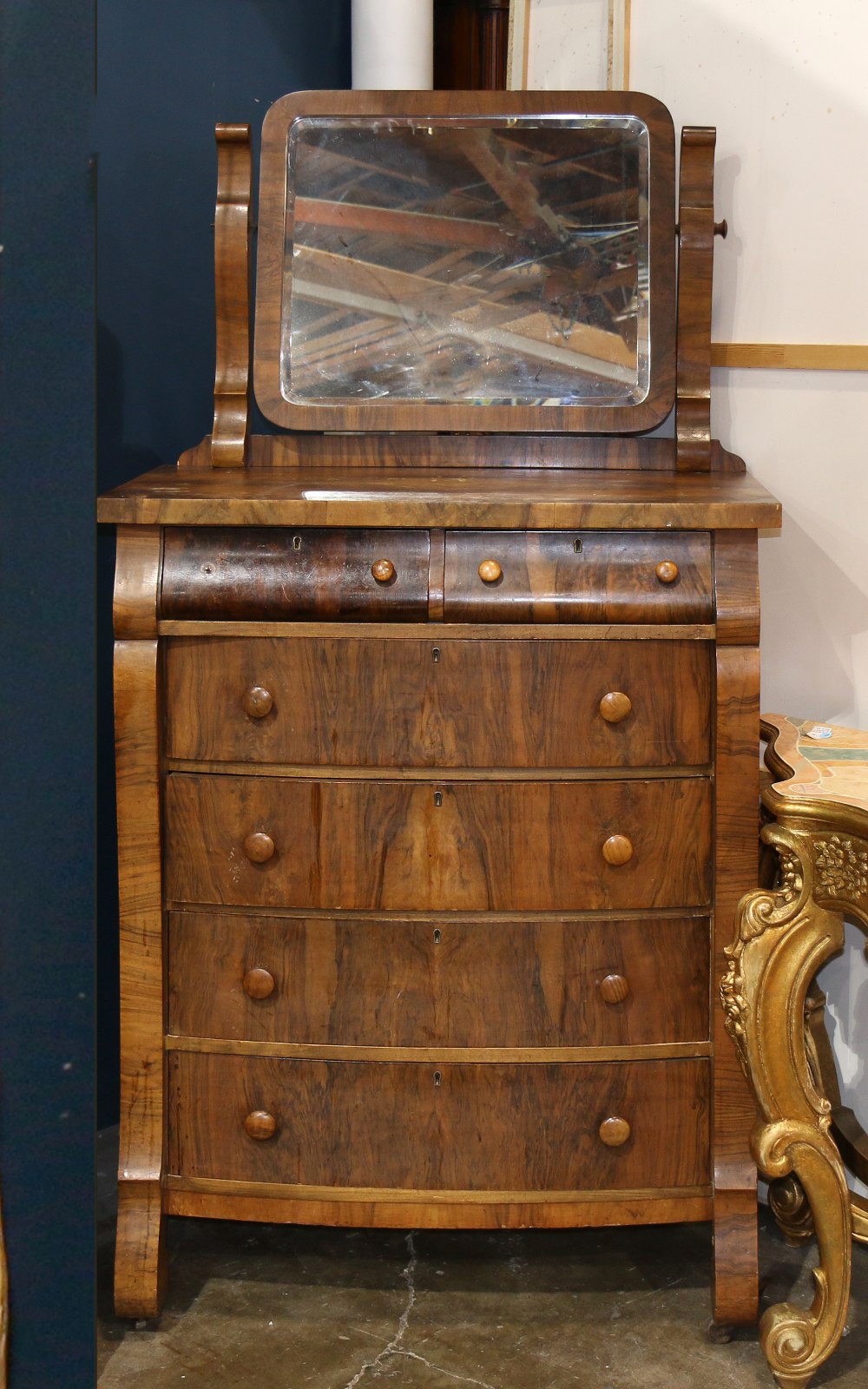 Empire style mahogany chest, having a mirrored top, above the six drawer case, 73.5"h x 37.5"w x