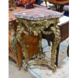 Neoclassical style marble top giltwood corner table, having a triangular marble top over the