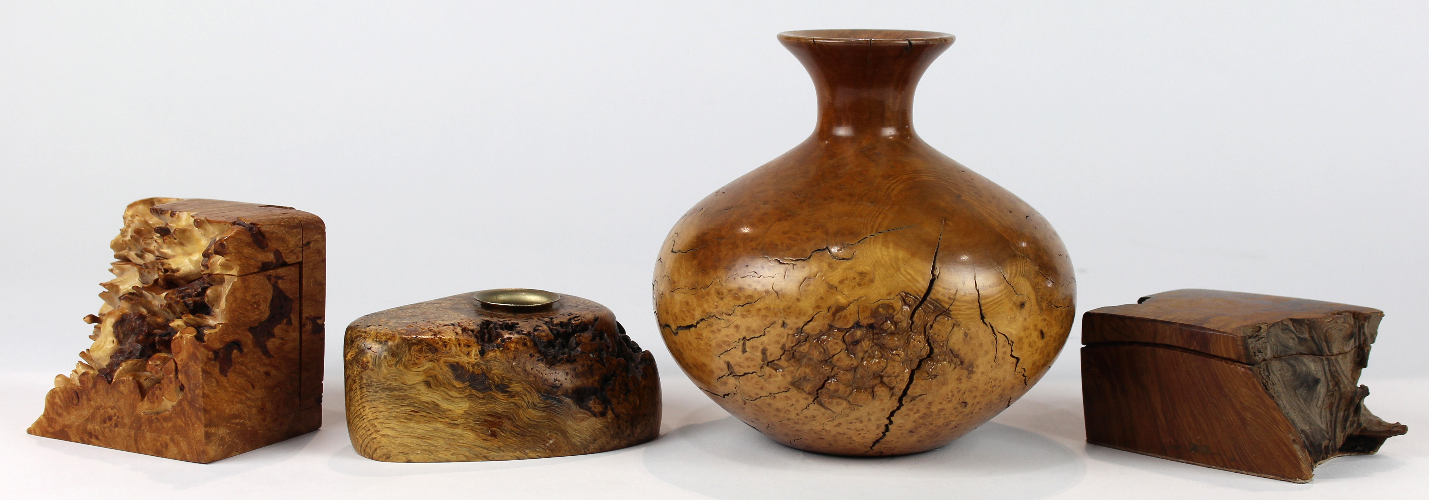 (lot of 4) Decorative burl-wood vessel group, consisting of candle holder, a bud vase having