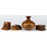 (lot of 4) Decorative burl-wood vessel group, consisting of candle holder, a bud vase having