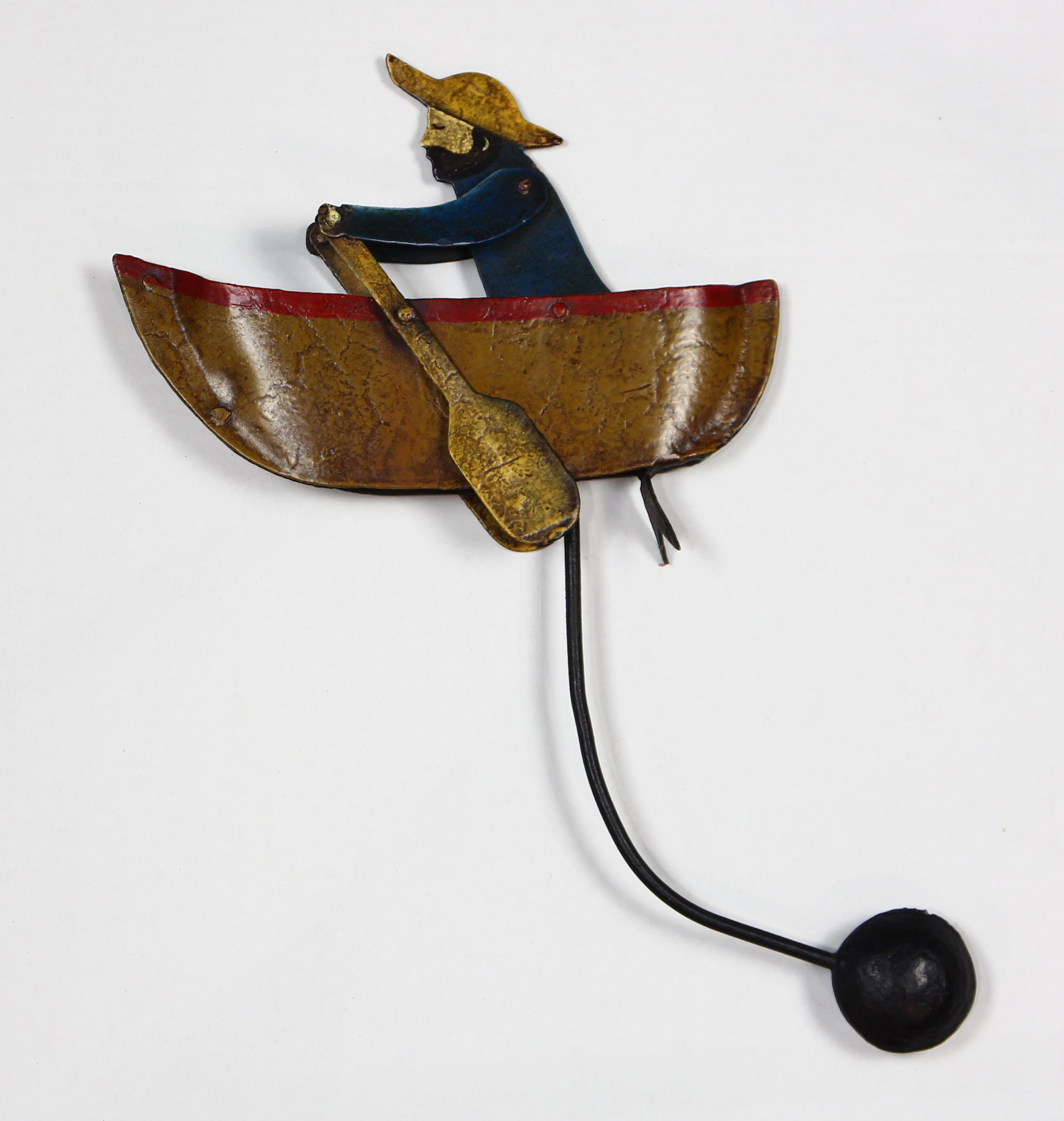 Antique wrought metal and polychrome decorated whirligig, depicting a sailor rowing his boat, 14.5"h - Image 3 of 3
