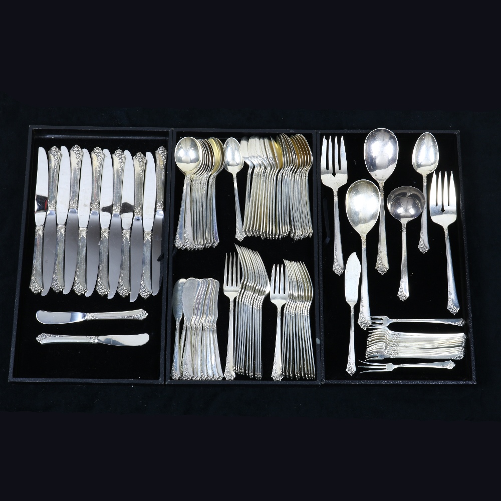 (lot of 108) Heirloom sterling silver flatware service for 12 in the "Damask Rose" pattern,