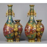 Pair of Chinese cloisonne enameled metal double vases, each pear shaped and a small vase 'tied'