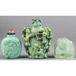 (lot of 3) Chinese stone snuff bottles: two of turquoise, the first with a beauty reversed by a